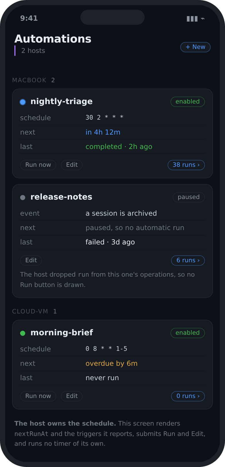 The Automations screen: scheduled automations with their next run, how the last one ended, and an enabled switch.