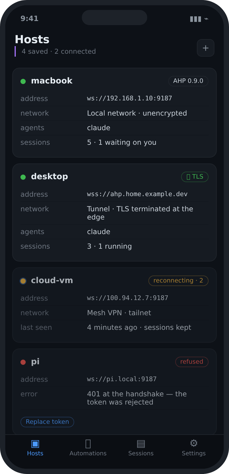 The Hosts screen: saved hosts with their addresses and connection state, and a newly discovered host.