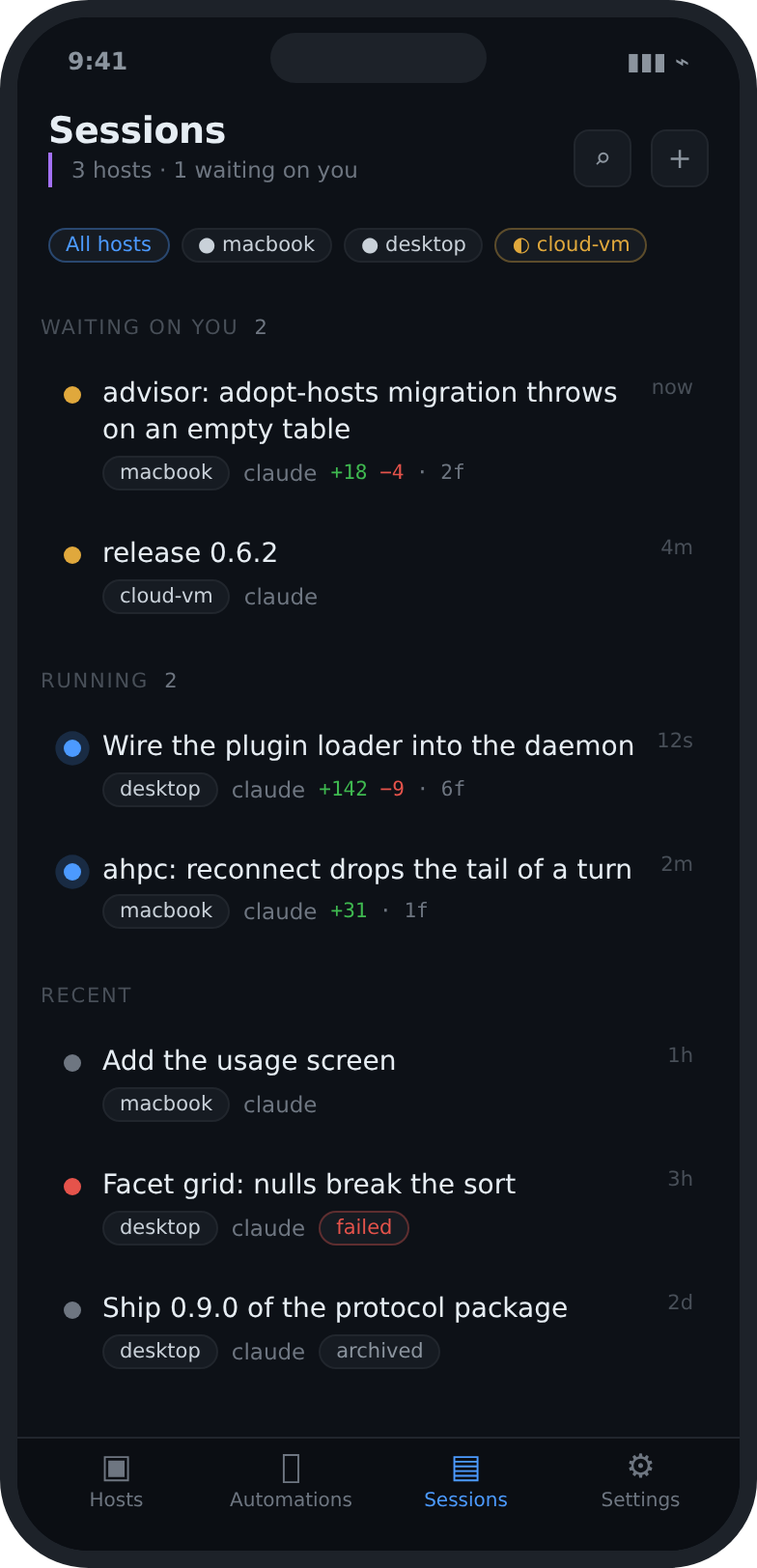 The Sessions screen in dark mode: work waiting for you, running sessions and recent history, grouped by host.