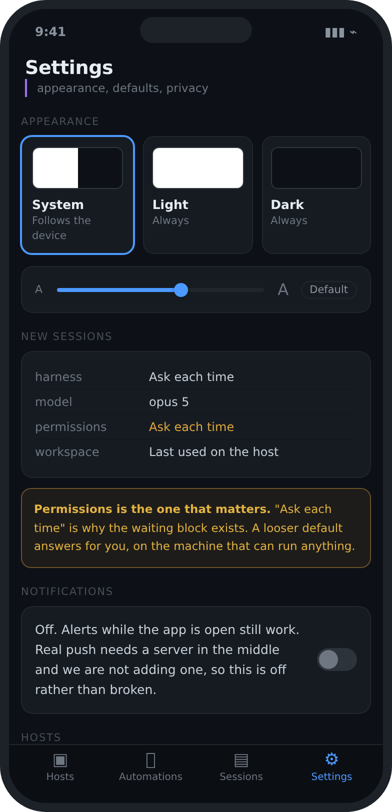 The Settings screen: theme, language, text size, notifications, saved tokens, and the app version.