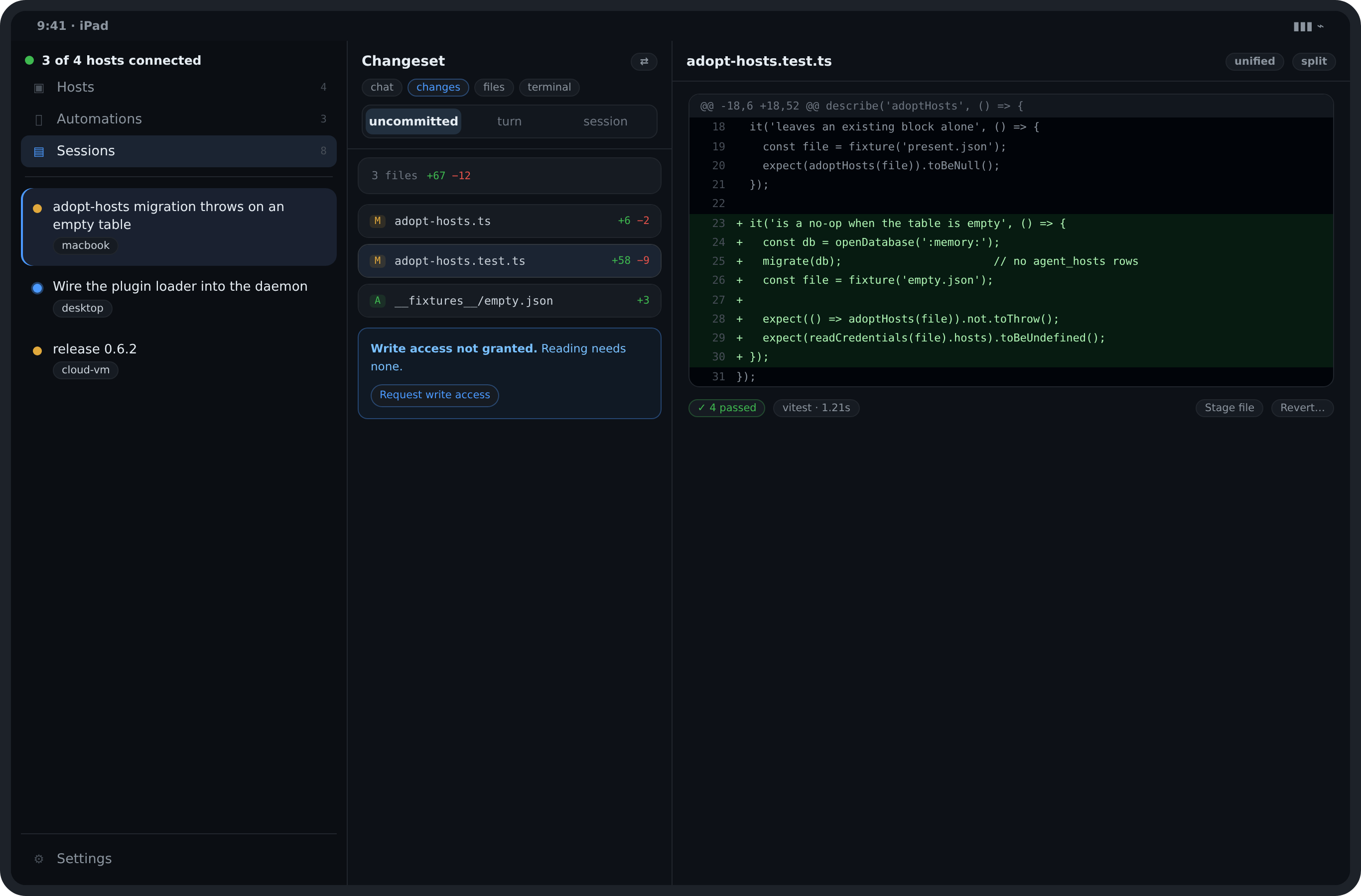 A changeset in the wide layout: the changed files, the diff, and the review actions.