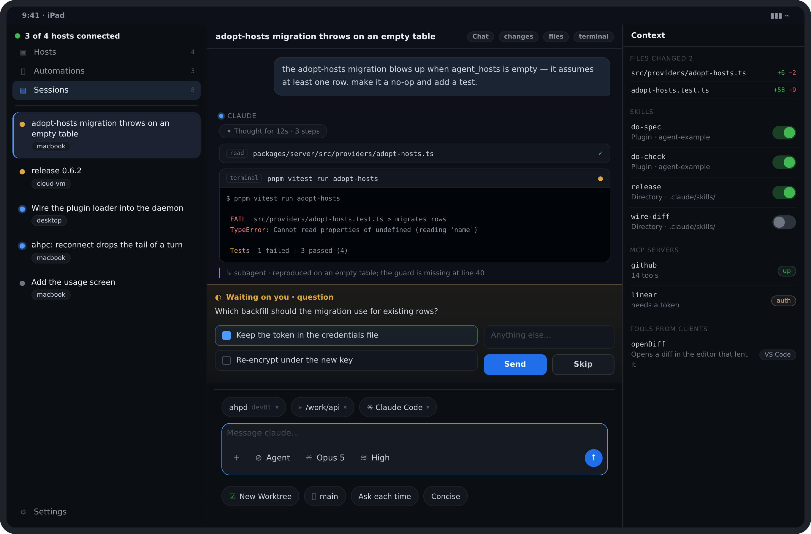 A conversation in the wide layout: the transcript, a question waiting for an answer, the composer, and a context pane of changed files, skills and MCP servers.